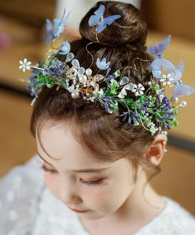 Cute Blue Acrylic Inlaid Zircon Pearl Butterfly Floral Kids Hairpin