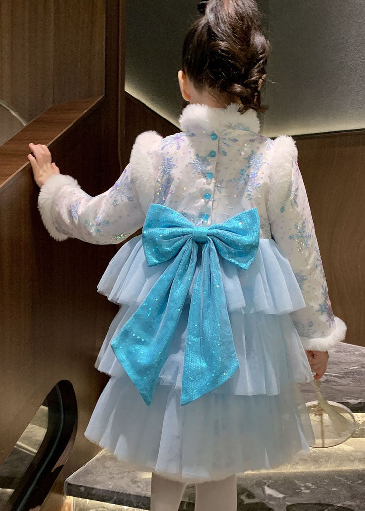 Cute Blue Fur Collar Bow Tulle Patchwork Warm Fleece Girls Long Dress Winter