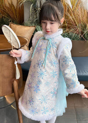 Cute Blue Fur Collar Bow Tulle Patchwork Warm Fleece Girls Long Dress Winter