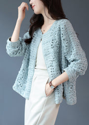 Cute Blue Lace Patchwork Floral Hollow Out Cardigans Long Sleeve