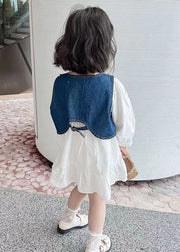 Cute Blue O-Neck Button Cotton Girls Two Pieces Set Long Sleeve