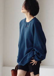 Cute Blue O-Neck Embroideried Cotton Sweatshirts Fall