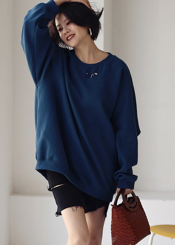 Cute Blue O-Neck Embroideried Cotton Sweatshirts Fall