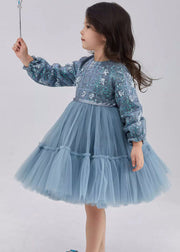 Cute Blue O-Neck Sequins Tie Waist Tulle Girls Maxi Dresses Fall