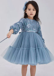 Cute Blue O-Neck Sequins Tie Waist Tulle Girls Maxi Dresses Fall