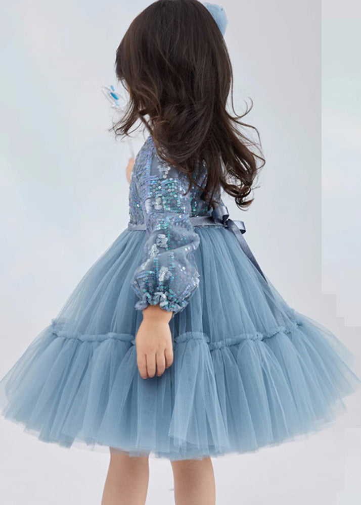 Cute Blue O-Neck Sequins Tie Waist Tulle Girls Maxi Dresses Fall