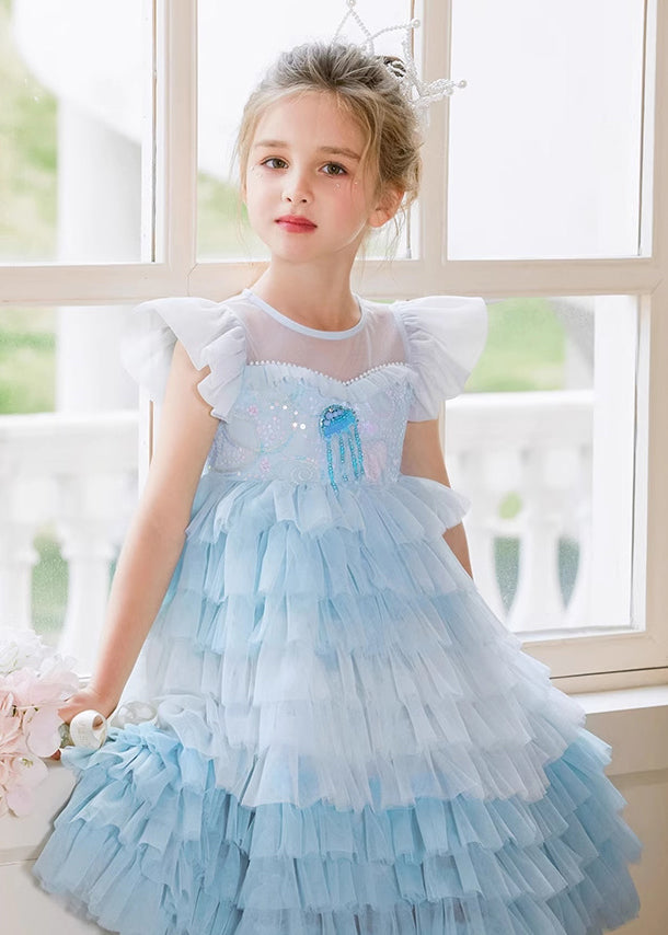 Cute Blue O-Neck Sequins Tulle Kids Maxi Cake Dress Sleeveless