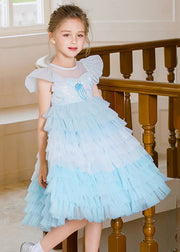 Cute Blue O-Neck Sequins Tulle Kids Maxi Cake Dress Sleeveless