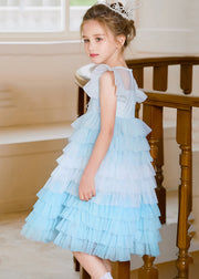 Cute Blue O-Neck Sequins Tulle Kids Maxi Cake Dress Sleeveless