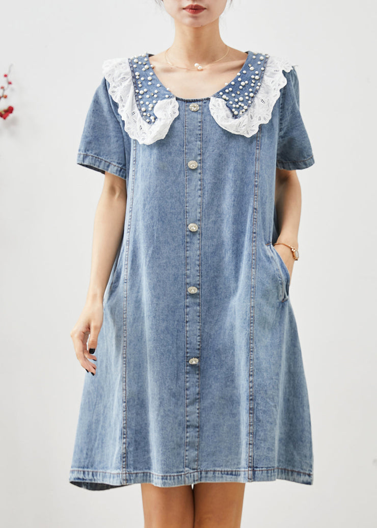 Cute Blue Peter Pan Collar Nail Bead Denim Vacation Dress Summer