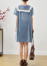 Cute Blue Peter Pan Collar Nail Bead Denim Vacation Dress Summer