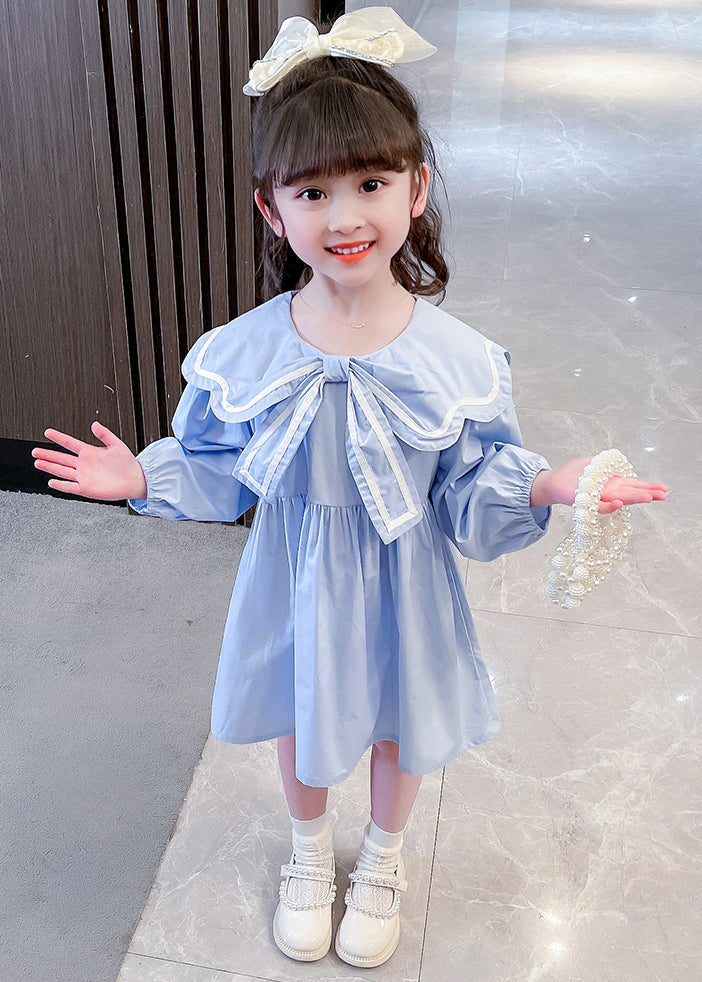 Cute Blue Peter Pan Collar Solid Cotton Girls Dress Long Sleeve