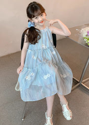 Cute Blue Ruffled Button Print Chiffon Girls Dress Sleeveless