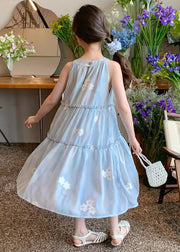 Cute Blue Ruffled Button Print Chiffon Girls Dress Sleeveless