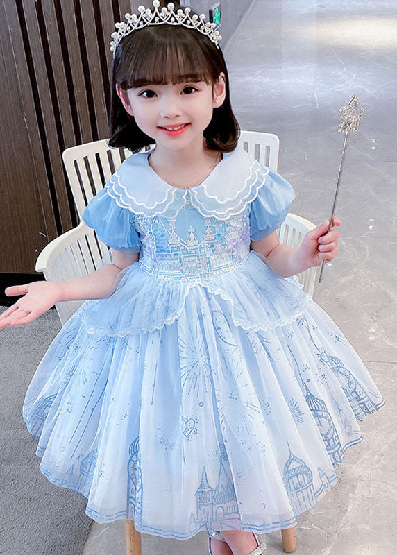 Cute Blue Ruffled Patchwork Tulle Girls Vacation Long Dresses Summer