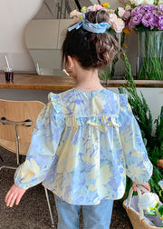 Cute Blue Ruffled Print Cotton Girls Blouses Spring