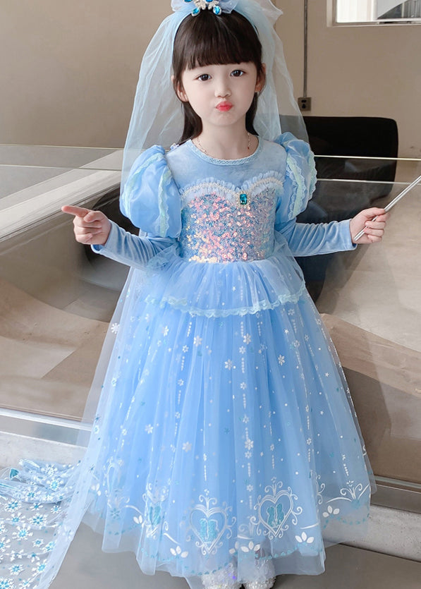 Cute Blue Ruffled Sequins Patchwork Tulle Kids Girls Princess Dresses Fall