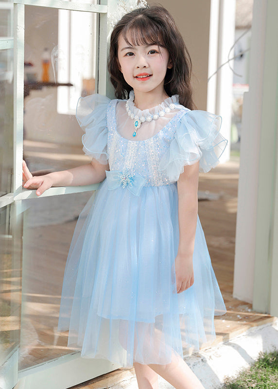 Cute Blue Sequins Patchwork Bow Tulle Kids Girls Maxi Dresses Butterfly Sleeve