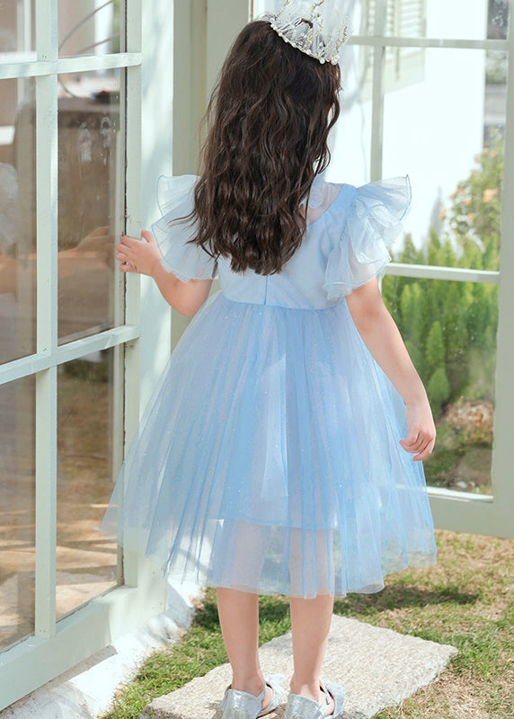 Cute Blue Sequins Patchwork Bow Tulle Kids Girls Maxi Dresses Butterfly Sleeve