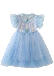 Cute Blue Sequins Patchwork Bow Tulle Kids Girls Maxi Dresses Butterfly Sleeve