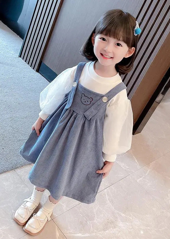 Cute Blue Slash Neck Patchwork Corduroy Girls Slip Dress And T Shirt Two Pieces Set Summer