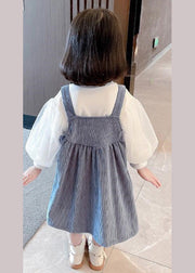 Cute Blue Slash Neck Patchwork Corduroy Girls Slip Dress And T Shirt Two Pieces Set Summer