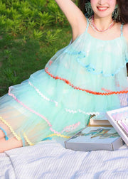 Cute Blue Slash Neck Patchwork Spaghetti Strap Cake Dress Summer