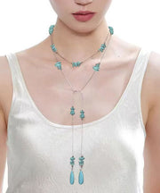 Cute Blue Stainless Steel Turquoise Beads Sweater Pendant Necklace