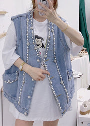 Cute Blue V Neck Patchwork Nail Bead Denim Waistcoat Fall