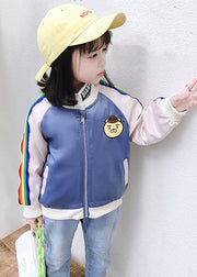 Cute Blue Zip Up Pockets Patchwork Cotton Kids Girls Coat Outwear Fall