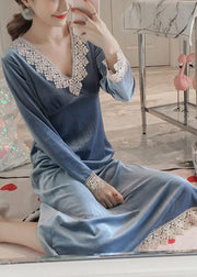 Cute Cemeo V Neck Lace Patchwork Silk Velour Dress Long Sleeve