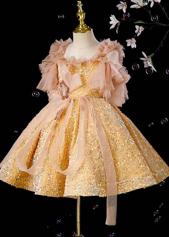 Cute Champagne Tulle Patchwo Girls Long Dresses Summer