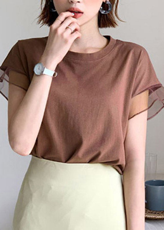 Cute Chocolate O-Neck Tulle Patchwork Ruffled Cotton T Shirts Short Sleeve