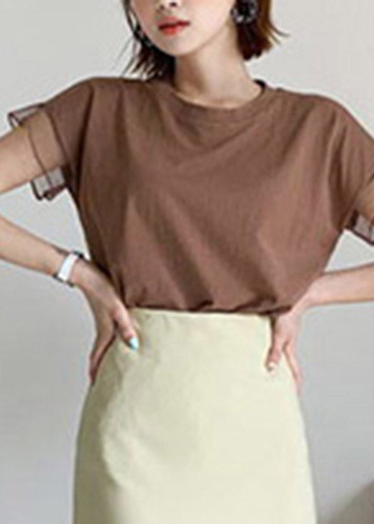 Cute Chocolate O-Neck Tulle Patchwork Ruffled Cotton T Shirts Short Sleeve