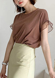 Cute Chocolate O-Neck Tulle Patchwork Ruffled Cotton T Shirts Short Sleeve