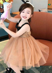 Cute Coffee Bow Wrinkled Patchwork Tulle Kids Girls Dresses Summer