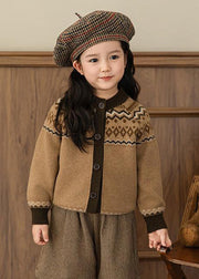 Cute Coffee O-Neck Print Cotton Knit Girls Cardigans Spring