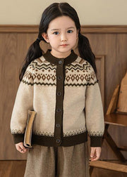 Cute Coffee O-Neck Print Cotton Knit Girls Cardigans Spring