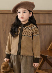 Cute Coffee O-Neck Print Cotton Knit Girls Cardigans Spring