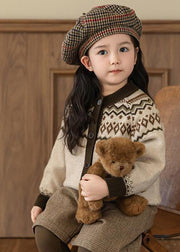 Cute Coffee O-Neck Print Cotton Knit Girls Cardigans Spring