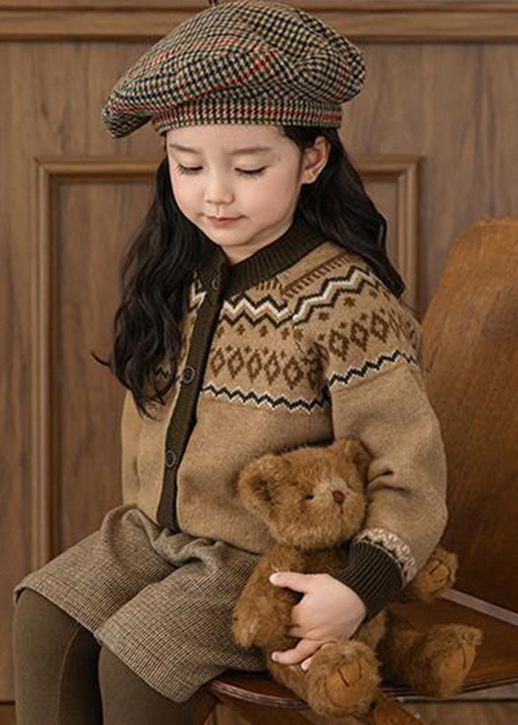 Cute Coffee O-Neck Print Cotton Knit Girls Cardigans Spring