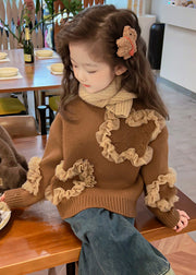 Cute Coffee O-Neck Tulle Patchwork Cotton Knit Girls Sweaters Spring