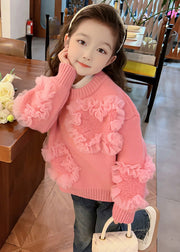 Cute Coffee O-Neck Tulle Patchwork Cotton Knit Girls Sweaters Spring