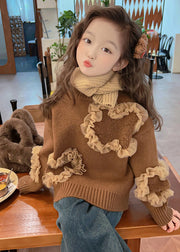 Cute Coffee O-Neck Tulle Patchwork Cotton Knit Girls Sweaters Spring