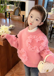 Cute Coffee O-Neck Tulle Patchwork Cotton Knit Girls Sweaters Winter