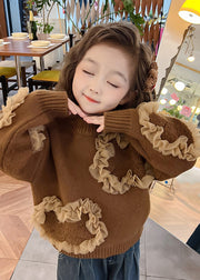 Cute Coffee O-Neck Tulle Patchwork Cotton Knit Girls Sweaters Spring