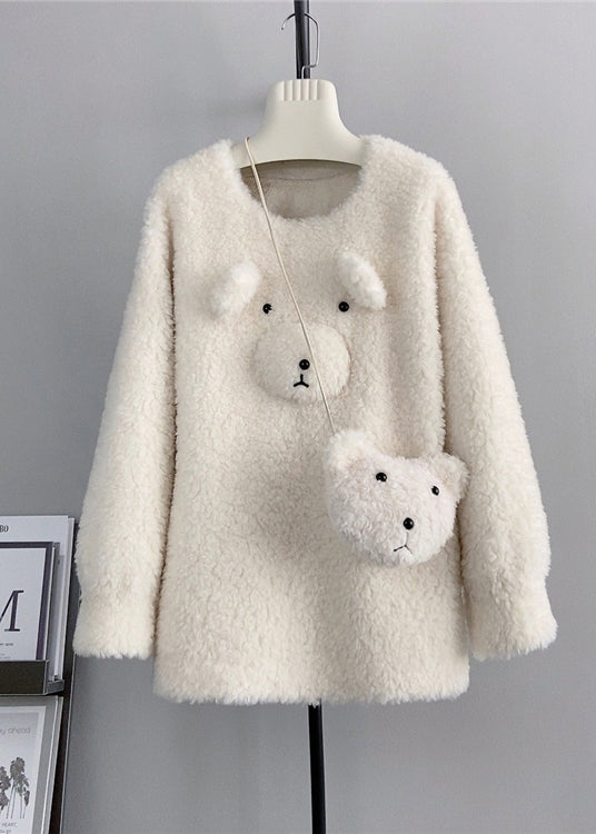 Cute Coffee O Neck Wool Loose Teddy Bear Winter Pullover