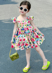 Cute Colorblock Backless Print Cotton Girls Mid Dress Summer