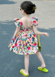 Cute Colorblock Backless Print Cotton Girls Mid Dress Summer