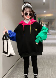 Cute Colorblock Hooded Print Patchwork Cotton Girls Sweatshirt Winter